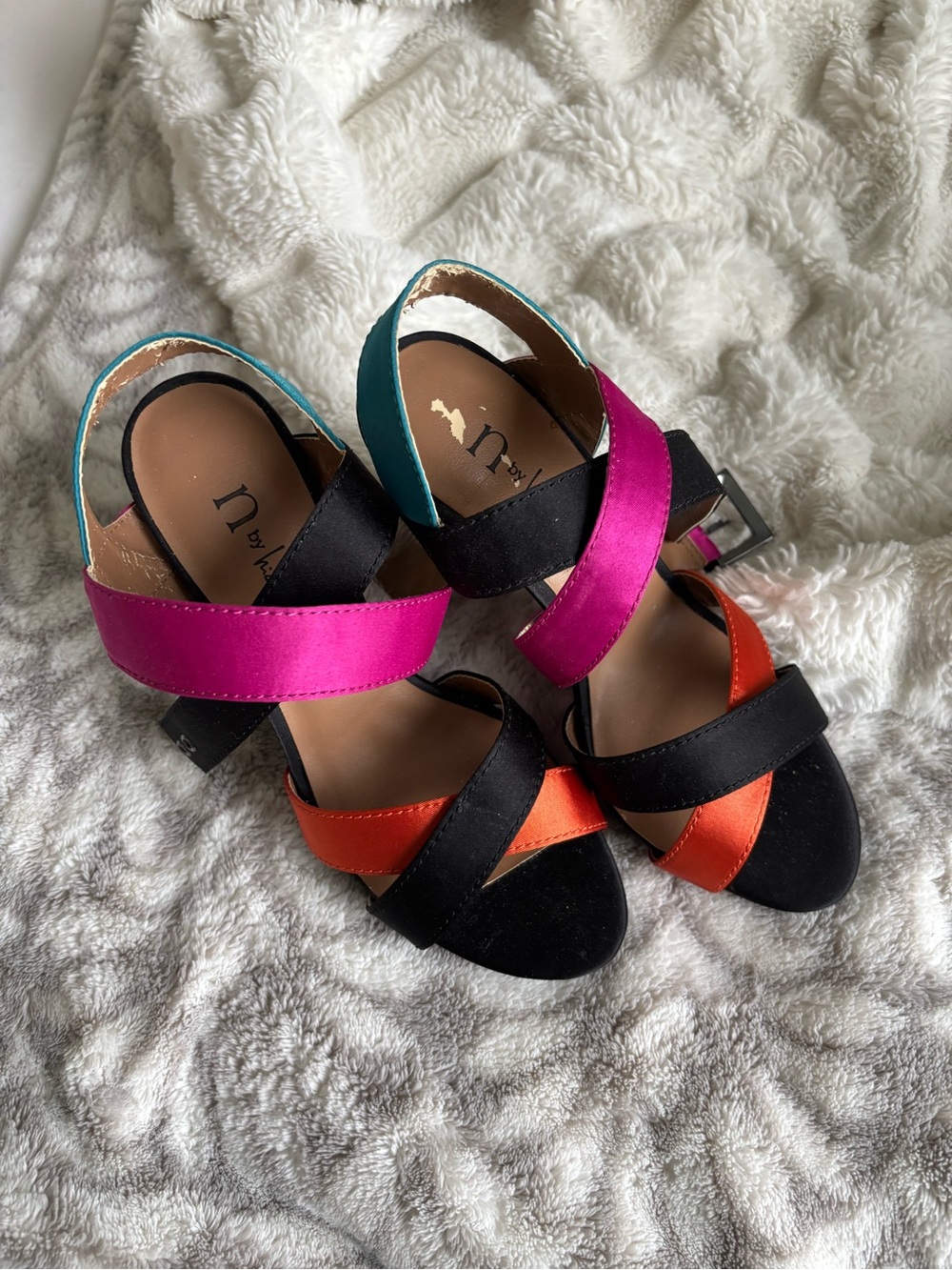 Nine West Black, Pink & Orange Satin Crisscross Heels